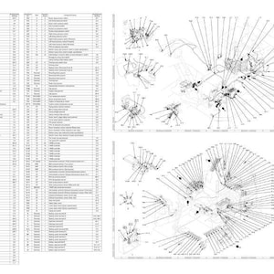 May include: A detailed technical diagram with multiple sections. The left side features a table of data, while the right side displays several exploded diagrams of mechanical components, with lines and labels pointing to various parts. The diagrams are in black and white.