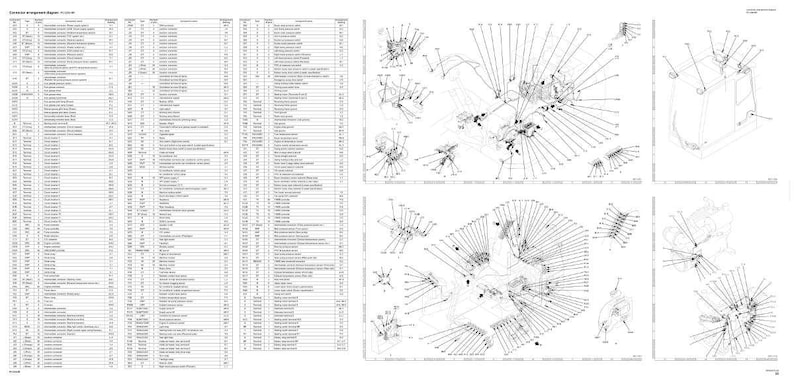 May include: A detailed technical diagram with multiple sections. The left side features a table of data, while the right side displays several exploded diagrams of mechanical components, with lines and labels pointing to various parts. The diagrams are in black and white.