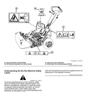 Puede incluir: Diagrama t&eacute;cnico de una m&aacute;quina con etiquetas de seguridad. La imagen incluye s&iacute;mbolos de advertencia y texto que indica peligros potenciales como superficies calientes y cuchillas giratorias. La ilustraci&oacute;n es t&eacute;cnica.