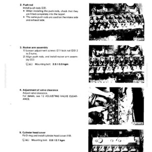 May include: A manual page detailing cylinder head disassembly and assembly. Instructions cover push rods, rocker arm assembly, valve clearance adjustment, and cylinder head cover fitting. Includes diagrams and technical specifications, with measurements in kgm.
