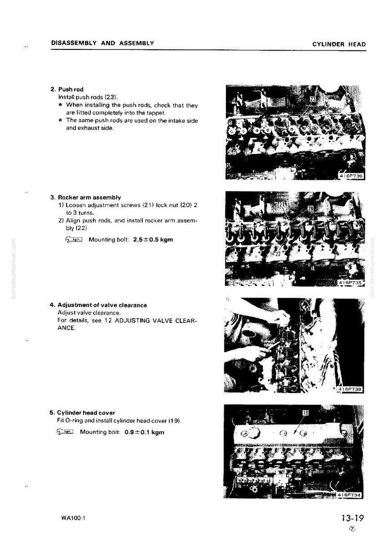 May include: A manual page detailing cylinder head disassembly and assembly. Instructions cover push rods, rocker arm assembly, valve clearance adjustment, and cylinder head cover fitting. Includes diagrams and technical specifications, with measurements in kgm.