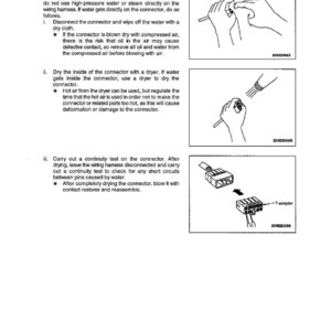 Puede incluir: Diagramas que ilustran los pasos de soluci&oacute;n de problemas para el mantenimiento del mazo de cables. El texto detalla los procedimientos para secar y limpiar los conectores, incluido el uso de aire comprimido y un secador.