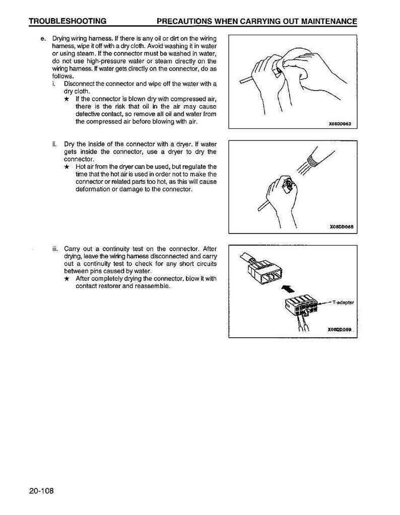 Puede incluir: Diagramas que ilustran los pasos de soluci&oacute;n de problemas para el mantenimiento del mazo de cables. El texto detalla los procedimientos para secar y limpiar los conectores, incluido el uso de aire comprimido y un secador.