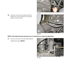 May include: Technical diagram from a Fendt 1000 Vario S4 tractor manual. The image shows close-up views of mechanical components, including brackets, lines, and a safety retainer. Text includes instructions for connecting lines and tightening torque specifications.