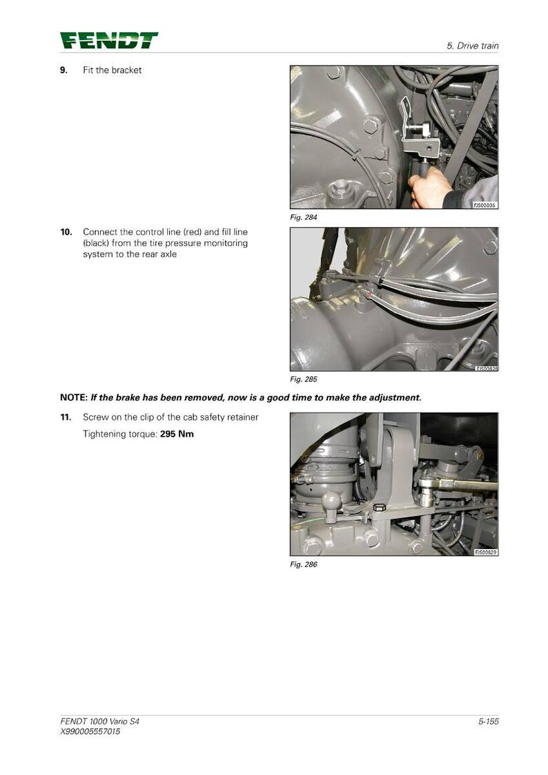 May include: Technical diagram from a Fendt 1000 Vario S4 tractor manual. The image shows close-up views of mechanical components, including brackets, lines, and a safety retainer. Text includes instructions for connecting lines and tightening torque specifications.