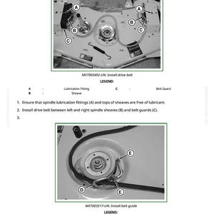 May include: Diagram of a mower drive belt installation. The image shows close-ups of the mower's internal components, including sheaves, belt guards, and lubrication fittings. Text labels identify parts with letters A, B, C, D, and E. Instructions are provided for belt installation.