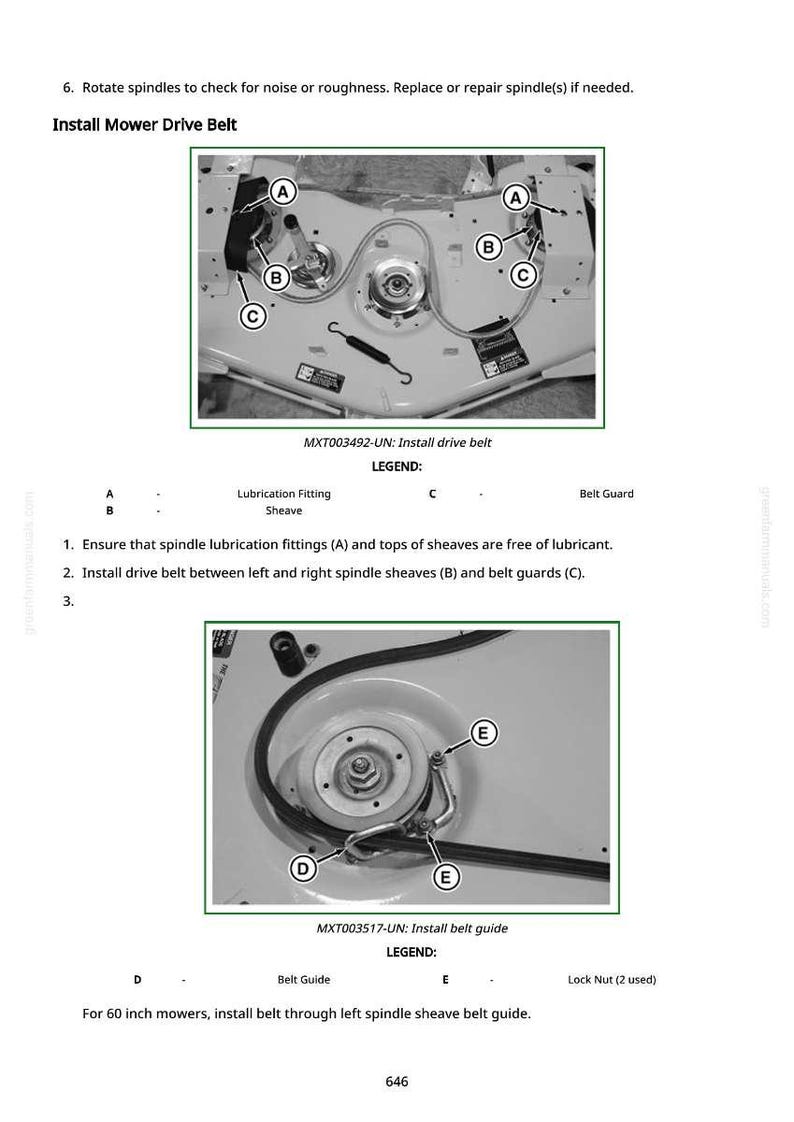May include: Diagram of a mower drive belt installation. The image shows close-ups of the mower's internal components, including sheaves, belt guards, and lubrication fittings. Text labels identify parts with letters A, B, C, D, and E. Instructions are provided for belt installation.