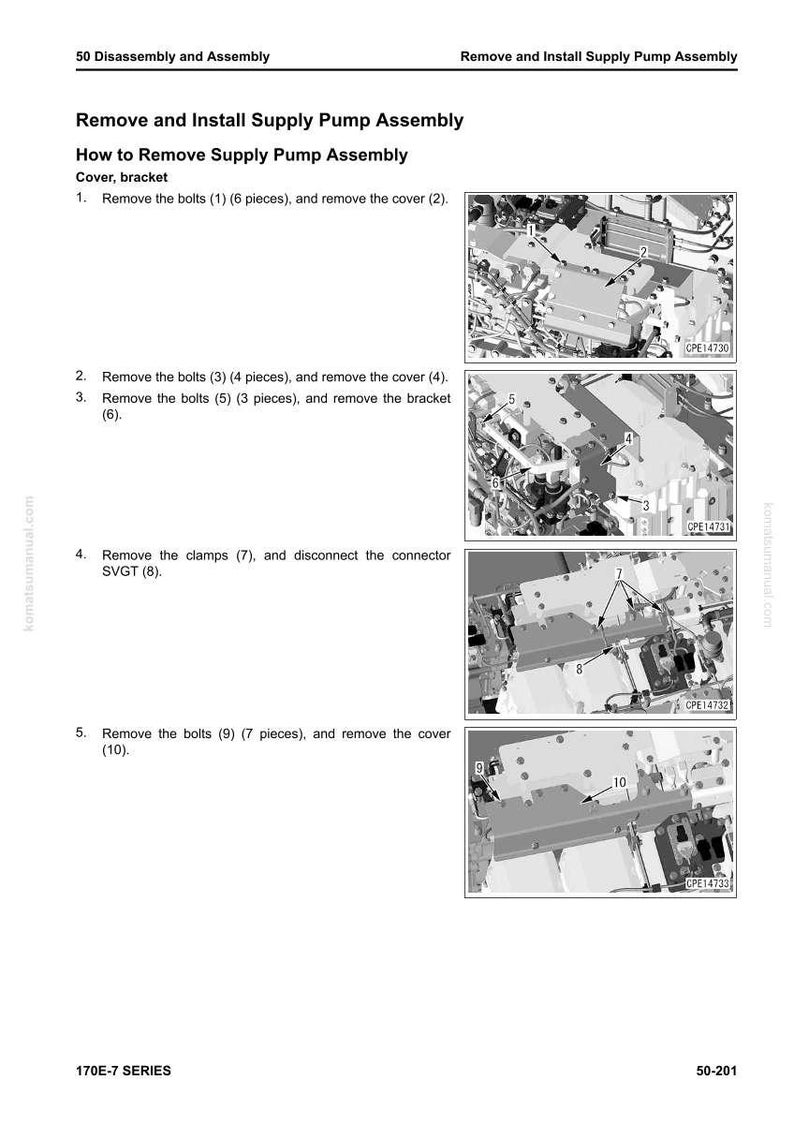 May include: Diagram from a manual showing the steps to remove and install a supply pump assembly. The image includes detailed illustrations with numbered components and instructions for disassembly and assembly.