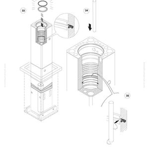 May include: A black and white engineering diagram illustrating mechanical components. The image features cross-sectional views of cylindrical parts, bolts, and other hardware, with labels and arrows indicating assembly steps. The Komatsu logo and model information are visible.