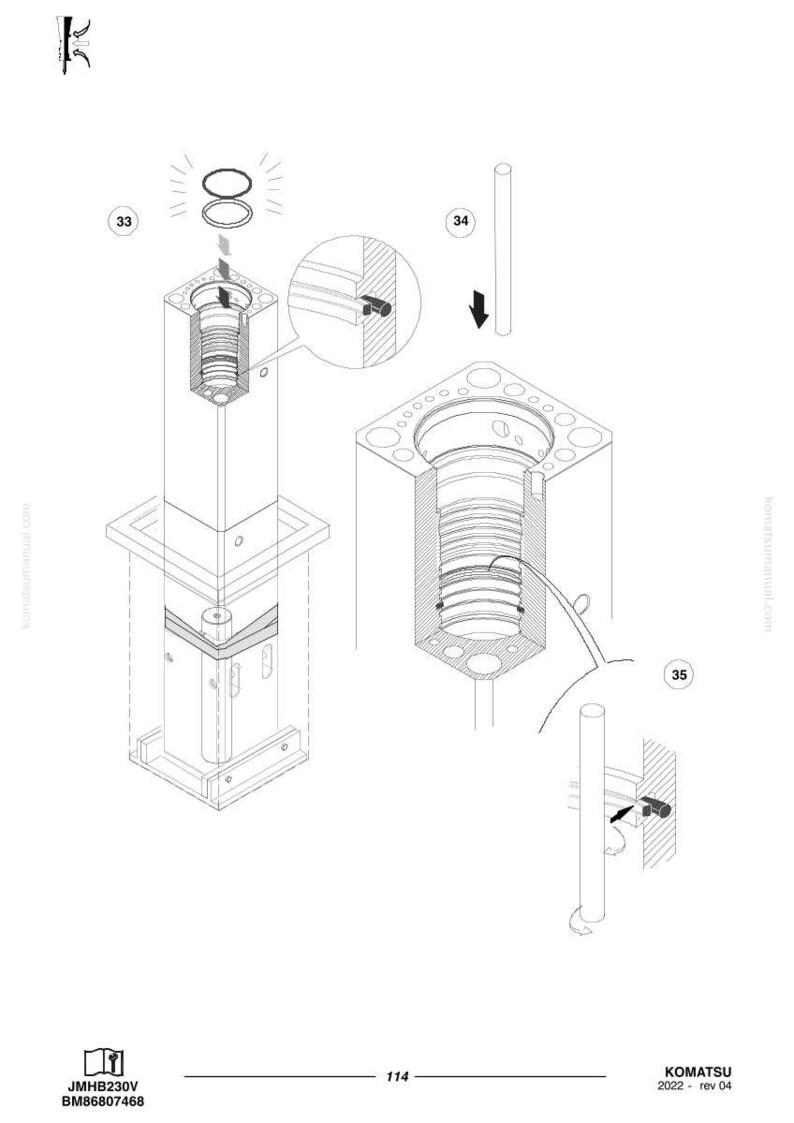 May include: A black and white engineering diagram illustrating mechanical components. The image features cross-sectional views of cylindrical parts, bolts, and other hardware, with labels and arrows indicating assembly steps. The Komatsu logo and model information are visible.