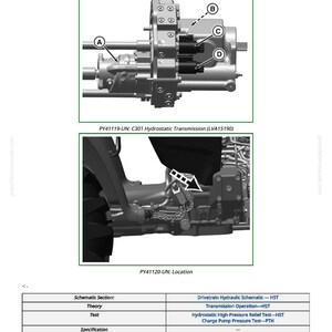 Peut inclure: Diagramme d'une transmission hydrostatique G301, avec les composants A, B, C et D &eacute;tiquet&eacute;s. Comprend une section sch&eacute;matique, un sch&eacute;ma d'emplacement et un tableau d&eacute;taillant la fonction de chaque borne.