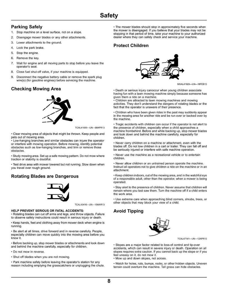 Peut inclure: Instructions de s&eacute;curit&eacute; pour tondeuses &agrave; gazon, avec des avertissements sur les lames rotatives, la protection des enfants et les risques de basculement. Le document fournit des conseils pour une utilisation s&ucirc;re, comme v&eacute;rifier la zone de tonte et le stationnement.