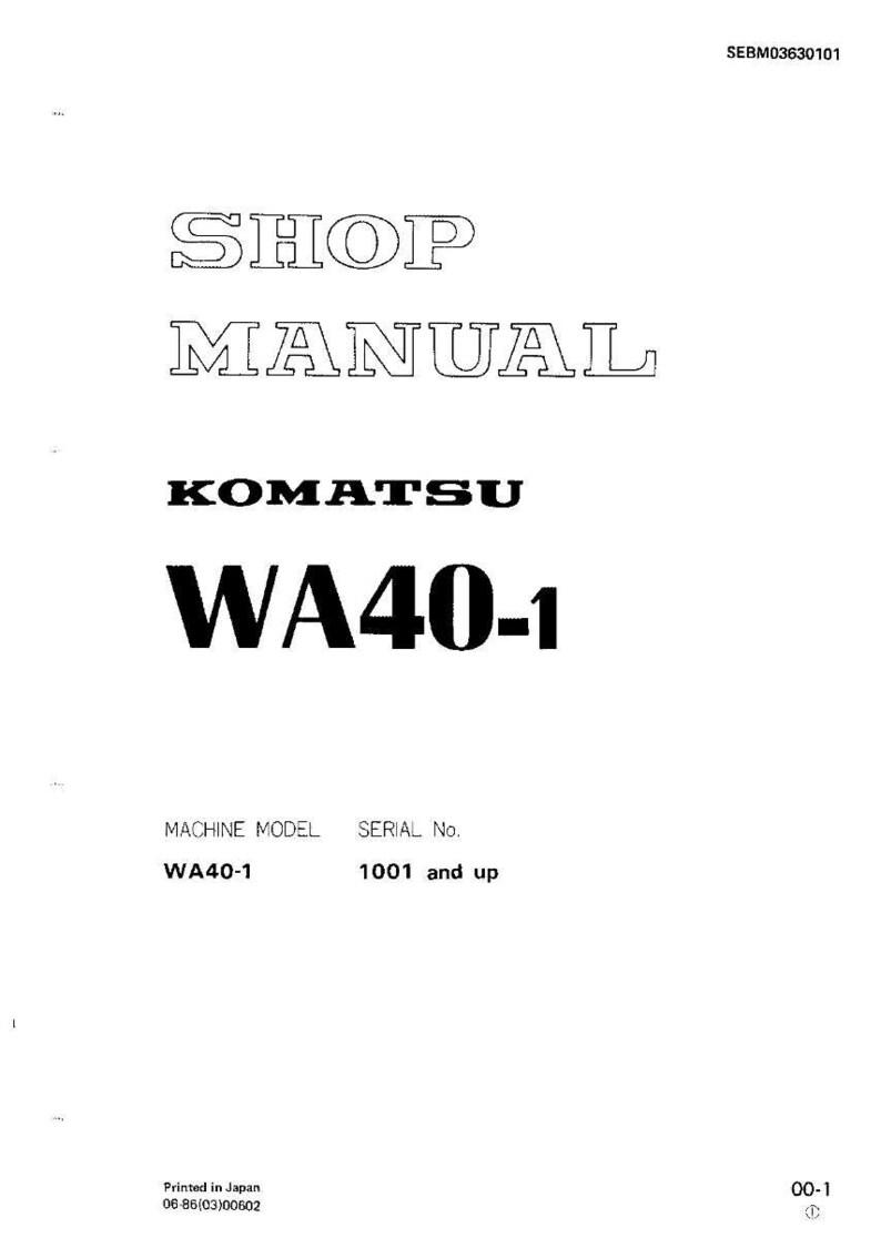 Puede incluir: Una portada de manual de taller blanca con el texto "SHOP MANUAL" en letras delineadas, la marca "KOMATSU" y el modelo "WA40-1" en negrita negra. El n&uacute;mero de serie es "1001 y superior".