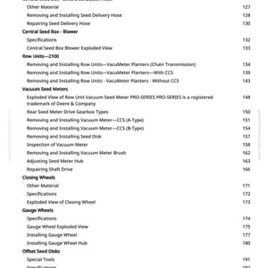 May include: A page from a manual with a table of contents for agricultural equipment. The text includes topics like seed delivery, vacuum meters, closing wheels, and gauge wheels. The page number is 4.