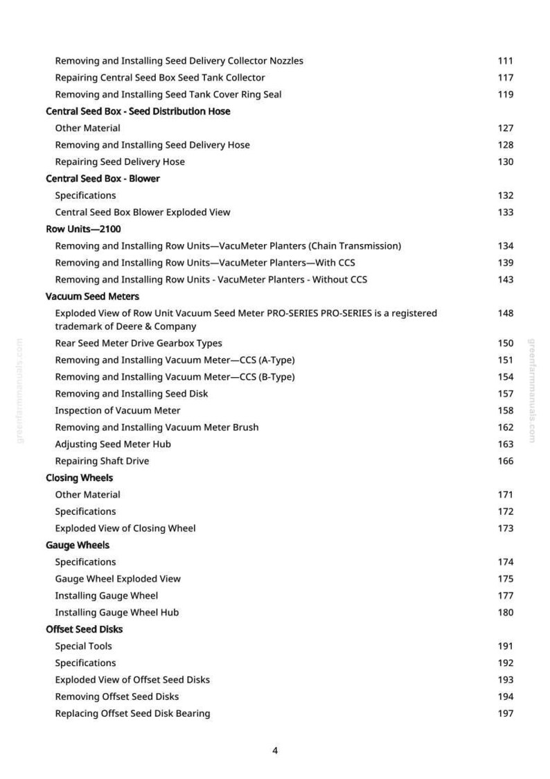 May include: A page from a manual with a table of contents for agricultural equipment. The text includes topics like seed delivery, vacuum meters, closing wheels, and gauge wheels. The page number is 4.