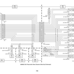 Op de afbeelding: Een gedetailleerd elektrisch schema voor pneumatische rijreinigers, met talrijke gelabelde componenten, draden en connectoren. Het schema bevat tekstlabels en een numerieke sleutel, allemaal in zwart en wit.