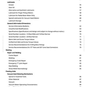 May include: A page from a manual with a table of contents. The text includes sections on lubricants, welding, and planting units. Page numbers are listed on the right side. The document is printed on white paper.