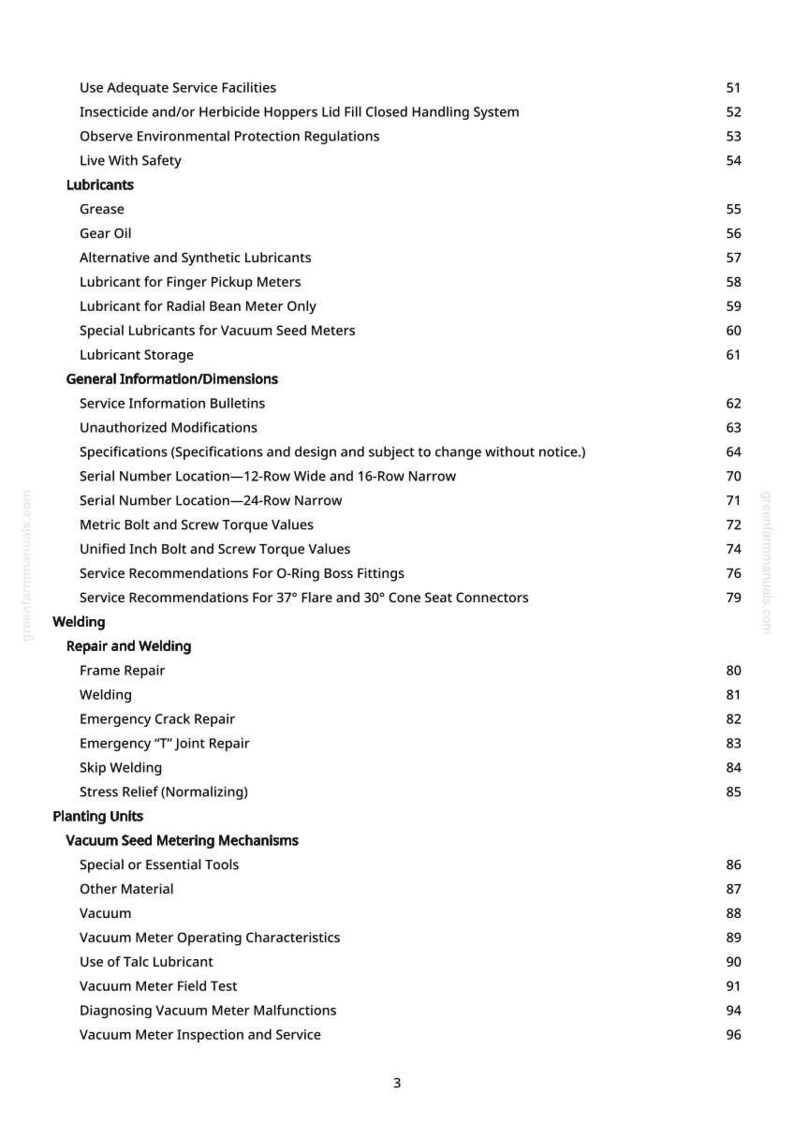 May include: A page from a manual with a table of contents. The text includes sections on lubricants, welding, and planting units. Page numbers are listed on the right side. The document is printed on white paper.