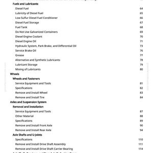 May include: A detailed table of contents from a manual, listing topics such as "Fuels and Lubricants," "Wheels," and "Axles and Suspension System." The page numbers are listed on the right side of the page.