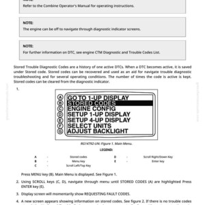 May include: A diagnostic indicator screen displays menu options including "STORED CODES" and "ADJUST BACKLIGHT". The text provides instructions for navigating the menu and viewing stored diagnostic trouble codes. The image is a screenshot of a diagnostic tool.