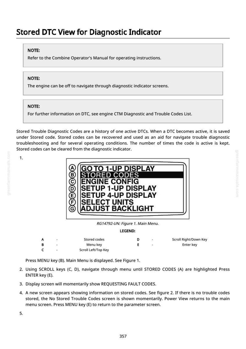 May include: A diagnostic indicator screen displays menu options including "STORED CODES" and "ADJUST BACKLIGHT". The text provides instructions for navigating the menu and viewing stored diagnostic trouble codes. The image is a screenshot of a diagnostic tool.
