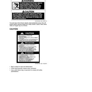 May include: A page from a manual with safety labels. The labels include warnings about thrown objects and cautions about bag wear. The text is in English, Spanish, and French.
