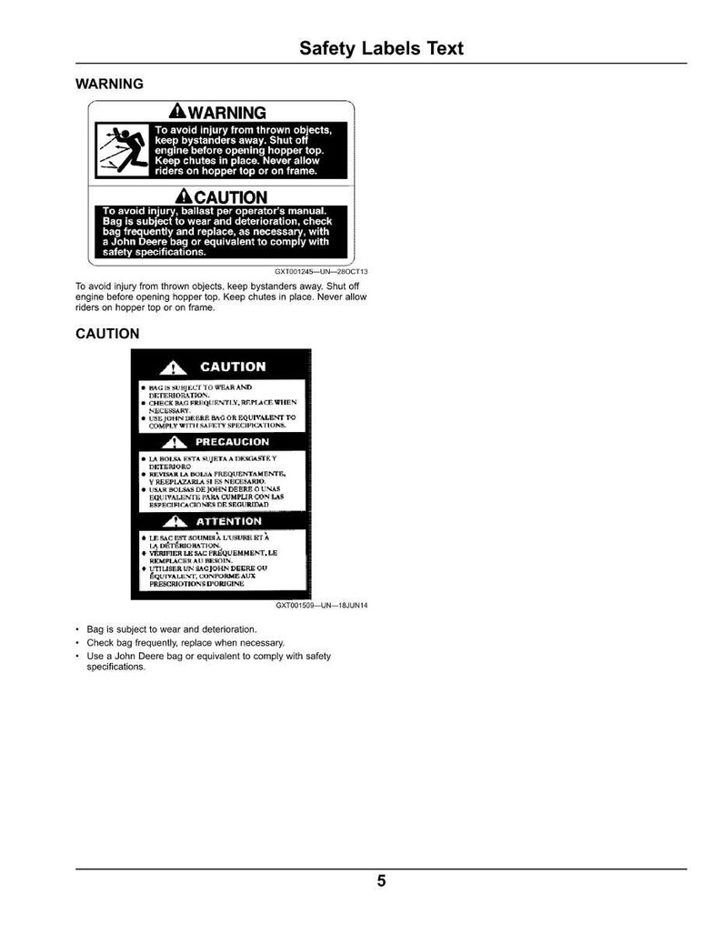 May include: A page from a manual with safety labels. The labels include warnings about thrown objects and cautions about bag wear. The text is in English, Spanish, and French.