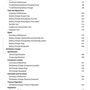 May include: A page from a manual with a table of contents for a battery charger. The text includes sections on schematics, diagnostics, and tests. The page number is 4.