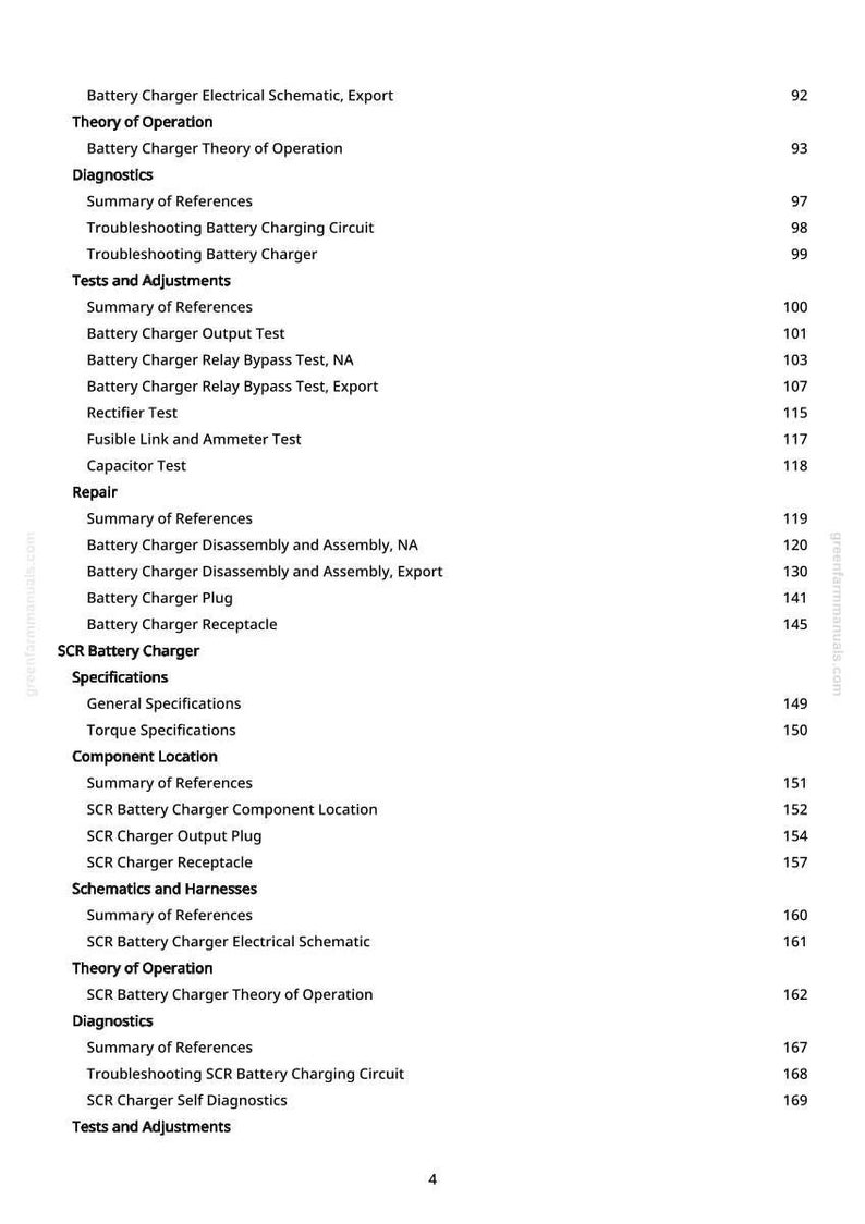 May include: A page from a manual with a table of contents for a battery charger. The text includes sections on schematics, diagnostics, and tests. The page number is 4.