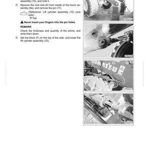 May include: Diagrams and instructions for removing and installing work equipment assembly. Includes images of machinery components, with labels and part numbers. Text includes safety warnings and step-by-step procedures for disassembly.