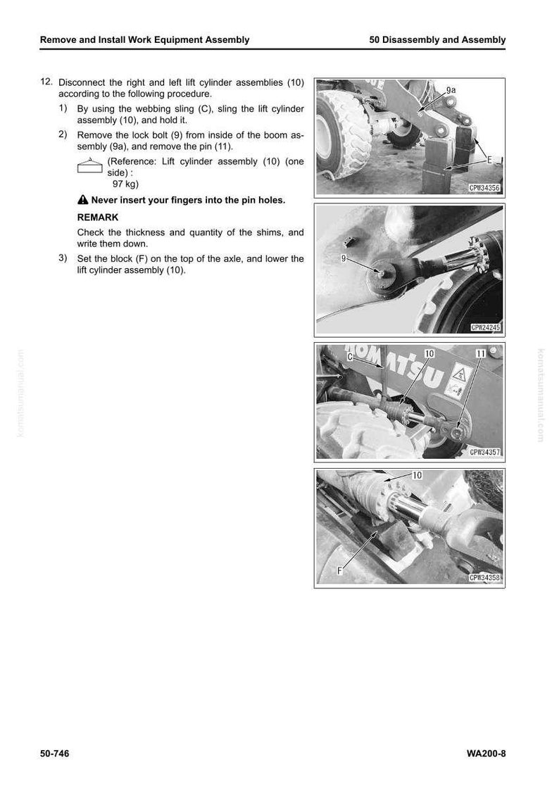 May include: Diagrams and instructions for removing and installing work equipment assembly. Includes images of machinery components, with labels and part numbers. Text includes safety warnings and step-by-step procedures for disassembly.