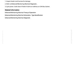 May include: A white page with black text detailing diagnostic steps for a system node. The text includes instructions to inspect for damage, refer to diagnostics, and cycle power. The title reads "PM2 005114.12 - Node 4 Missing."