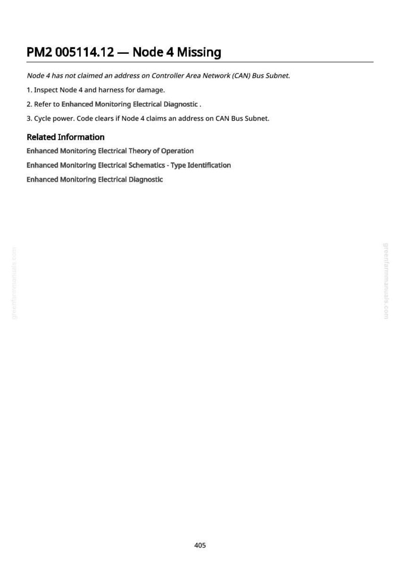 May include: A white page with black text detailing diagnostic steps for a system node. The text includes instructions to inspect for damage, refer to diagnostics, and cycle power. The title reads "PM2 005114.12 - Node 4 Missing."