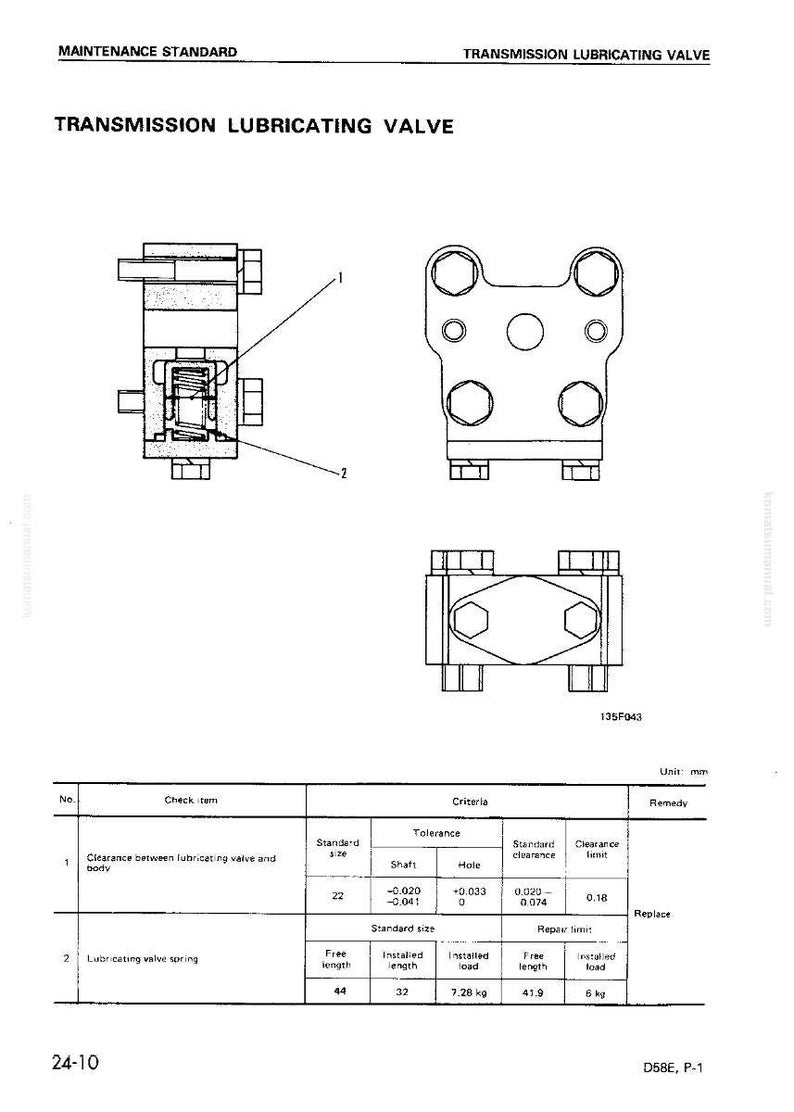 May include: Diagram of a transmission lubricating valve, with multiple views and measurements in millimeters. Includes a parts diagram and a table detailing clearance and spring specifications.