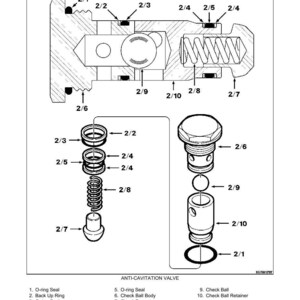 May include: Technical diagram illustrating a control valve and anti-cavitation valve, featuring labelled components like O-ring seals, check balls, and poppet springs. The diagram includes cross-sectional views and exploded parts.