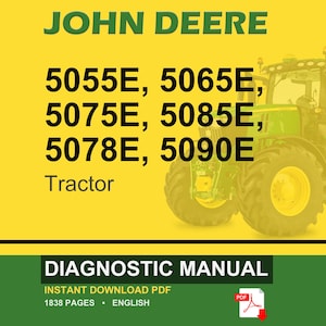 K&ouml;nnte beinhalten: Titelbild eines John Deere Traktor-Diagnosehandbuchs. Das Bild zeigt rechts einen gr&uuml;nen und gelben Traktor mit Text links, der "JOHN DEERE" und Traktormodellnummern anzeigt. Der untere Teil des Bildes enth&auml;lt die Worte "DIAGNOSTIC MANUAL".