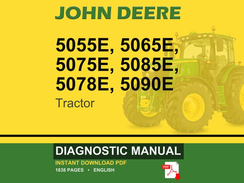 K&ouml;nnte beinhalten: Titelbild eines John Deere Traktor-Diagnosehandbuchs. Das Bild zeigt rechts einen gr&uuml;nen und gelben Traktor mit Text links, der "JOHN DEERE" und Traktormodellnummern anzeigt. Der untere Teil des Bildes enth&auml;lt die Worte "DIAGNOSTIC MANUAL".