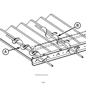 May include: An isometric line drawing of a metal structure with a corrugated top and a series of cylindrical rods. Arrows indicate the removal process, labeled A and B. The image is in black and white.