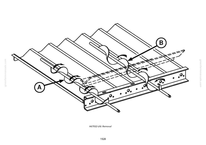 May include: An isometric line drawing of a metal structure with a corrugated top and a series of cylindrical rods. Arrows indicate the removal process, labeled A and B. The image is in black and white.