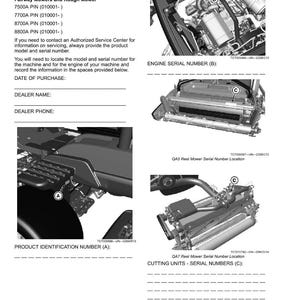 K&ouml;nnte beinhalten: Produktidentifikationsleitfaden mit Diagrammen der M&auml;hermotorkomponenten und Seriennummernstandorten. Enth&auml;lt Text f&uuml;r Fairway Mowers und Rough Mower Modelle, mit Feldern zur Aufzeichnung von Kaufdatum, H&auml;ndlername und Telefon.