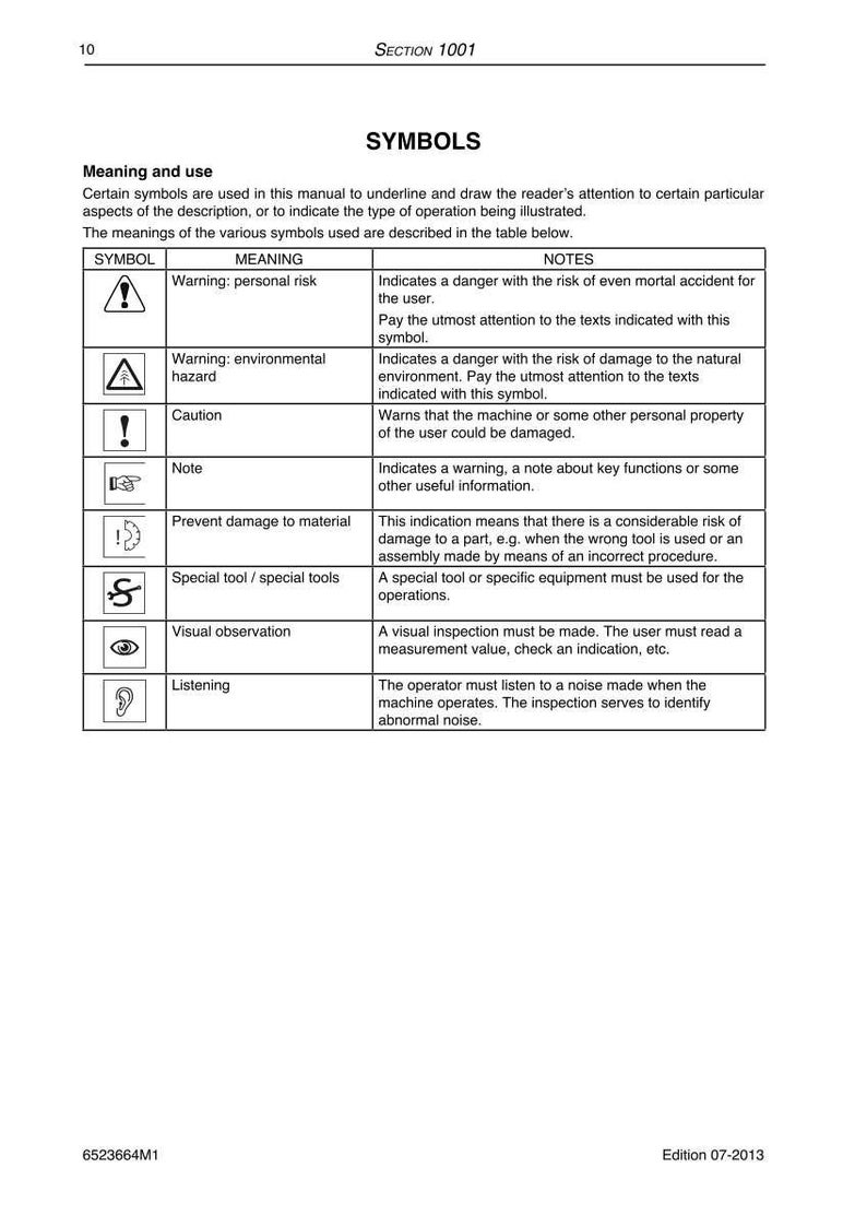 May include: A page from a manual titled "SYMBOLS" with a table explaining various symbols and their meanings. Symbols include warnings for personal risk, environmental hazards, caution, and notes, along with visual and auditory inspection instructions.