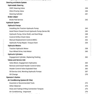 May include: A page from a greenfarmmanuals.com manual, listing technical information. Topics include rear axle, steering, brake systems, hydraulic pumps, motors, cylinders, valves, and air conditioning. Page numbers are visible.