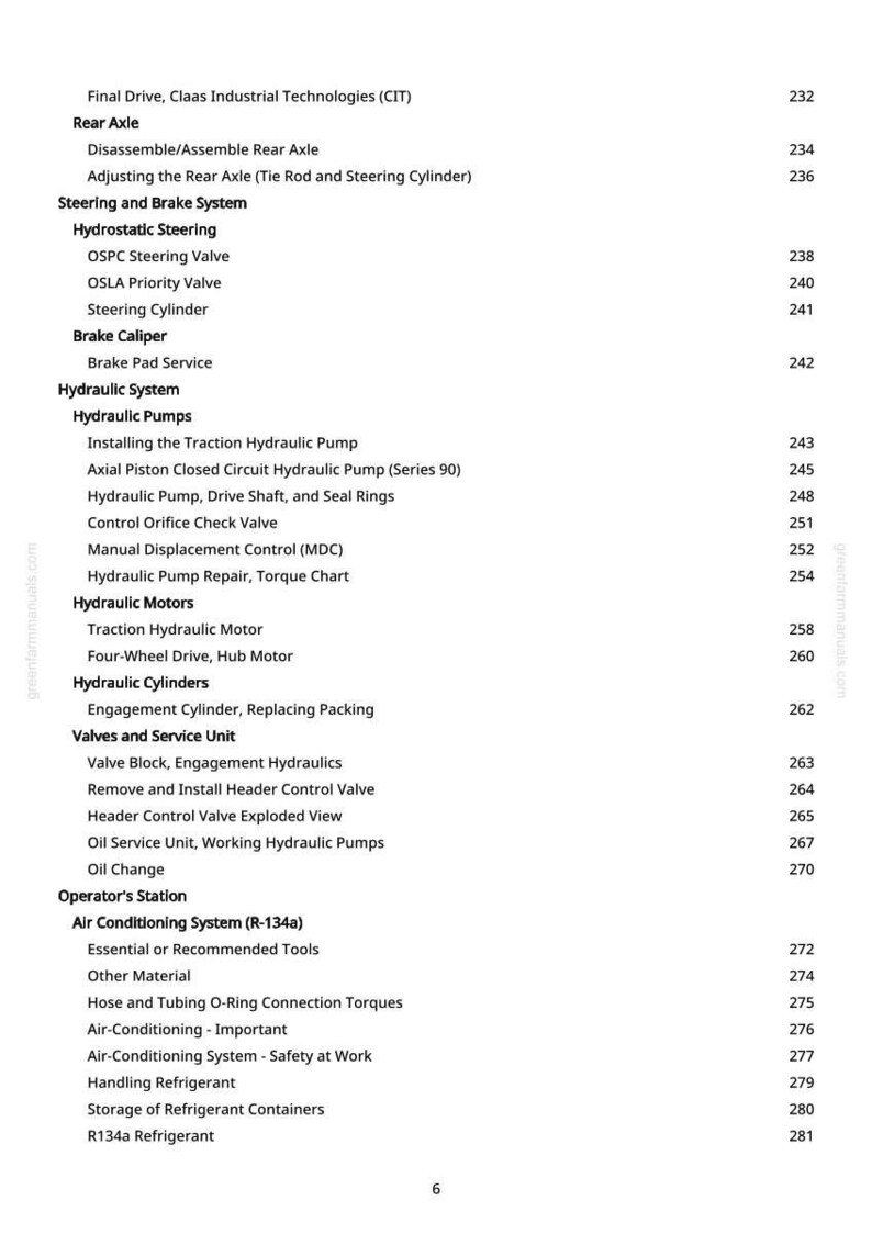 May include: A page from a greenfarmmanuals.com manual, listing technical information. Topics include rear axle, steering, brake systems, hydraulic pumps, motors, cylinders, valves, and air conditioning. Page numbers are visible.