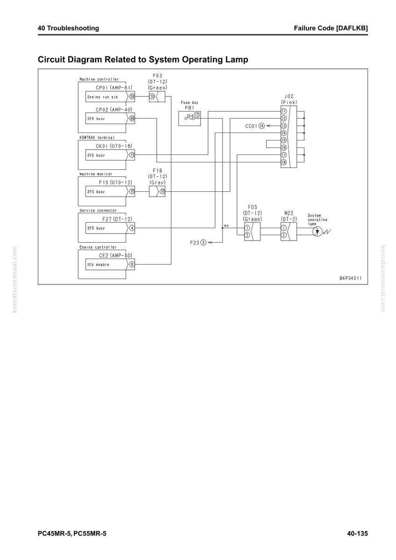 May include: A detailed circuit diagram related to a system operating lamp, featuring various components like controllers, fuse boxes, and connectors. The diagram includes text labels and symbols, with a white background and black lines.