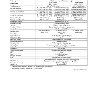 May include: A detailed specifications chart for D1005-E4B and D1105-E4B diesel engines. The chart includes engine type, bore and stroke measurements in inches, power output in kW and HP, and other technical details.