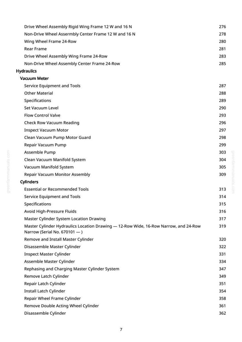 May include: A detailed page from a manual, listing various mechanical components and procedures. The text includes terms like "Vacuum Meter," "Cylinders," and "Master Cylinder System." The page number is 7.