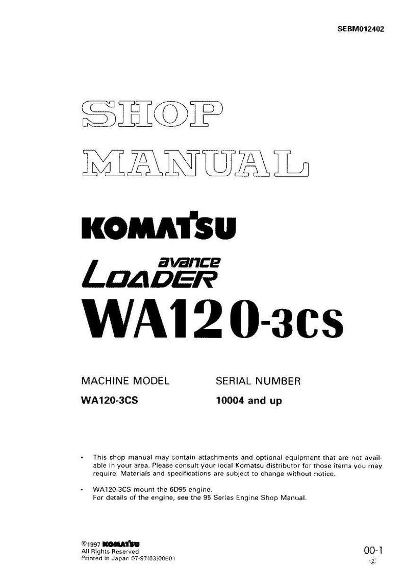 May include: A white shop manual for a Komatsu WA120-3CS loader. The cover features the Komatsu logo, the model name, and the words "SHOP MANUAL" in large, bold text. The manual includes the machine model and serial number.