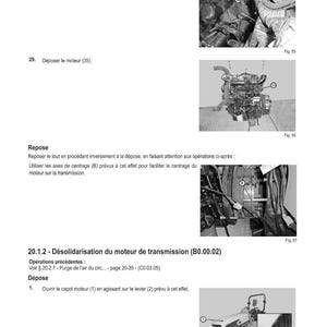 May include: A page from a manual with the title "M&Eacute;THODE D'INTERVENTION". The page includes diagrams and instructions for vehicle maintenance, including engine removal and component disassembly. The diagrams show engine parts and a small tractor.