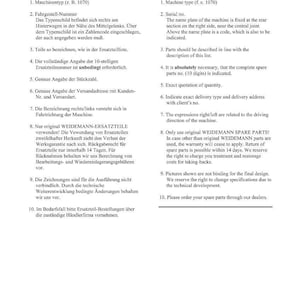 K&ouml;nnte beinhalten: Ein Dokument mit deutschem und englischem Text, das Anweisungen zur Bestellung von Ersatzteilen enth&auml;lt. Der Text enth&auml;lt Details zu Maschinentyp, Seriennummern und Teilebeschreibungen. Das Dokument hat auch eine Seitenzahl.