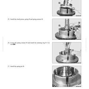 May include: A page from a manual detailing transmission removal and installation steps. The images show close-ups of mechanical components, including a clutch piston, spring, and retaining ring. Text instructions accompany each step, with tool references.